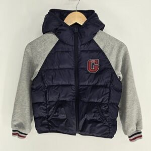 Gap Kids Puffer Jacket Boys Small Navy Blue Gray Hooded Down Fill Varsity Coat